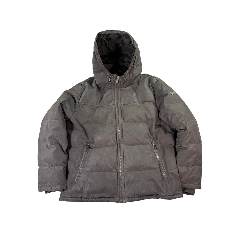 DKNY Puffer Jacket Mens XL Black Hooded Quilted Full Zip Winter Coat Embrodiered